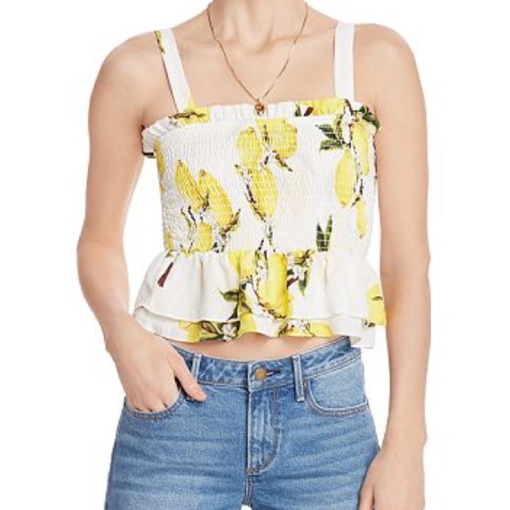 Aqua x Helen Owen lemon print smocked crop top, size S